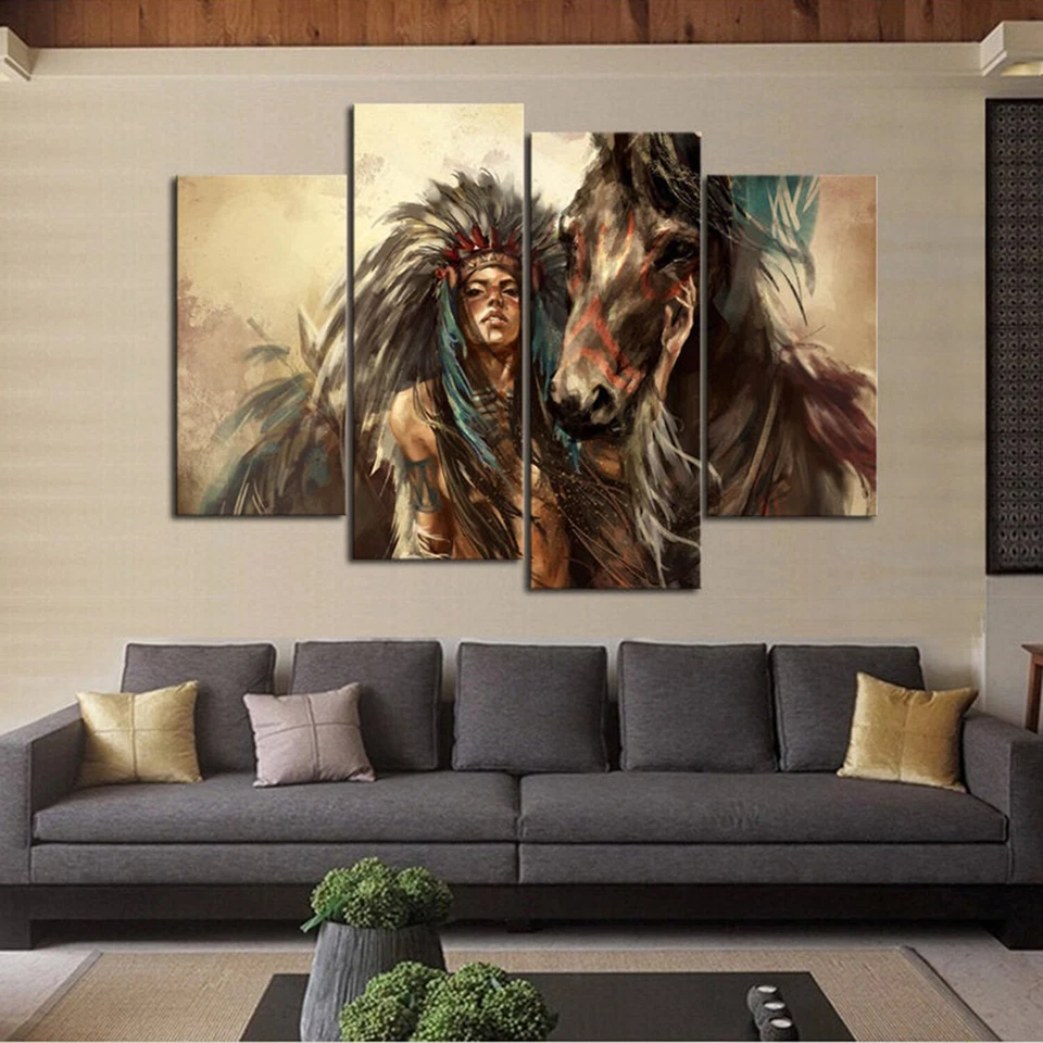 Arte de pared de caballo pintado de 5 piezas en lienzo de mujer nativa americana con impresión de múltiples paneles Foto 2 de 4
