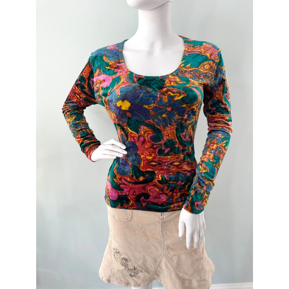 Camisa Top Vintage Años 90 Perspectiva Terciopelo Floral Capricho Manga Larga Talla L Foto 3 de 4