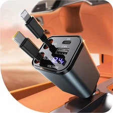 4 in 1 Fast Retractable Car Charger Car Phone Charger With USB Type C Cable 