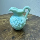Vintage 70's Avon Aqua Blue Milk Glass Pitcher Bas Relief Roses Marbled 4" Tall