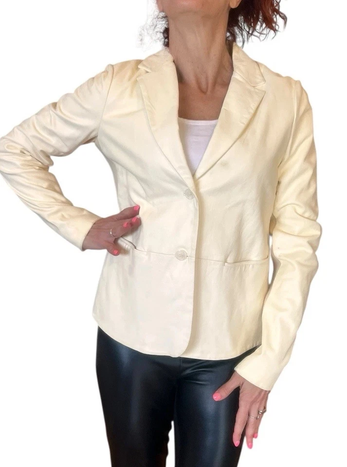 Chaqueta Blazer Vince Mujer Cuero Genuino Cuello Muesca Abotonada Crema Talla 8 Foto 2 de 4