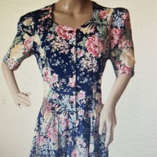 Vintage Floral Navy Multi-Color Puff Sleeve Shirt Dress Bohemian Daywear