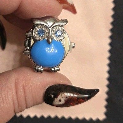 Royal Owl Ring Watch Women Blue Gemstone Bangle Polished Silver Hidden Face