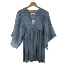 NWT Ganni Heather Blue Georgette Plisse Mini Dress Size S/M Striped Pleated