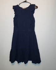 Loft Womens Sz L Mini Dress Navy Blue Short Sleeve Ruffle Tiered 100% Cotton