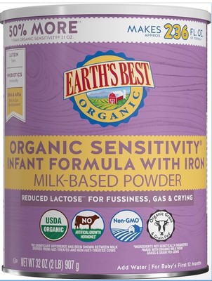 Earth's Best Organic Sensitive Baby Formula Powder, 32oz Can - Exp. 01/26