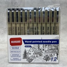 12Pcs Black Hand Painted Micro Needle Pen Waterproof Hand-Drawn Design Sketch