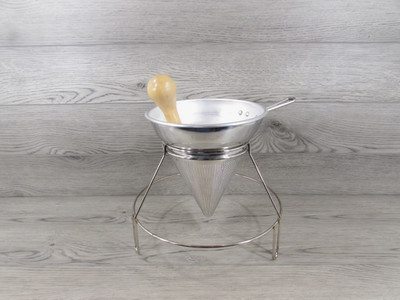 Vintage Aluminum Food Mill Cone Sieve Colander Strainer With Wood Pestle & Stand