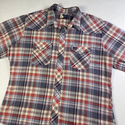 Vtg 80s Wranger Pearl Snap Shirt Mens XL Plaid Sawtooth Pocket Short Sleeve USA