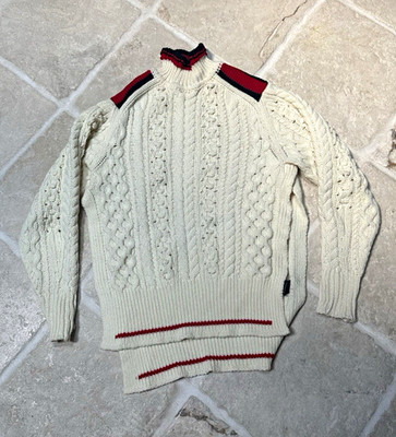 Isabel Marant Ivory Cable-Knit Crewneck Pullover Sweater Red/Black Trim EU34