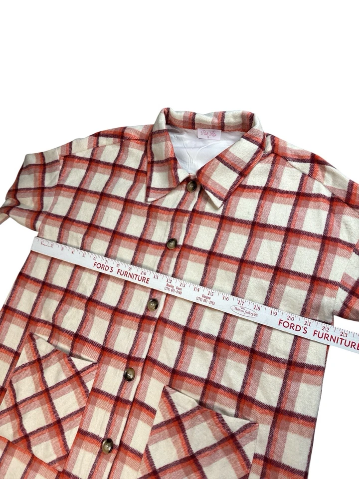 Pink Lily Plaid Flannel Shacket Jacket Cream Burgundy Plaid Button Front Lined M - Image 4 of 4