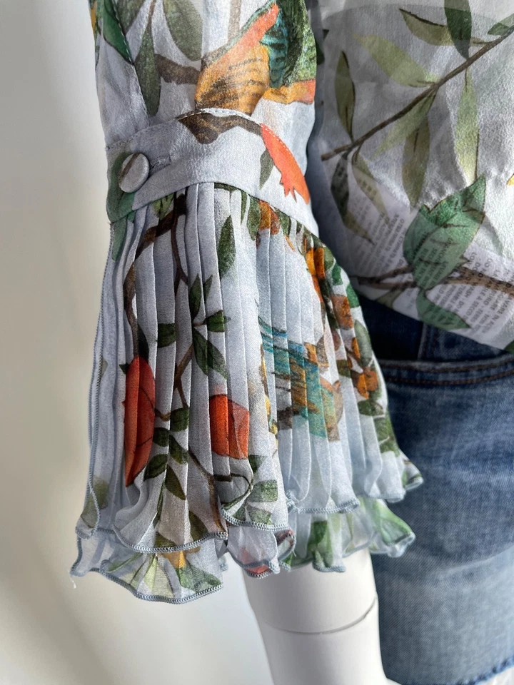 GUCCI Blouse IT 42 UK 10 Blue Sheer Floral Ruffle Front & Sleeve Button Down — 第 3/4 张图片