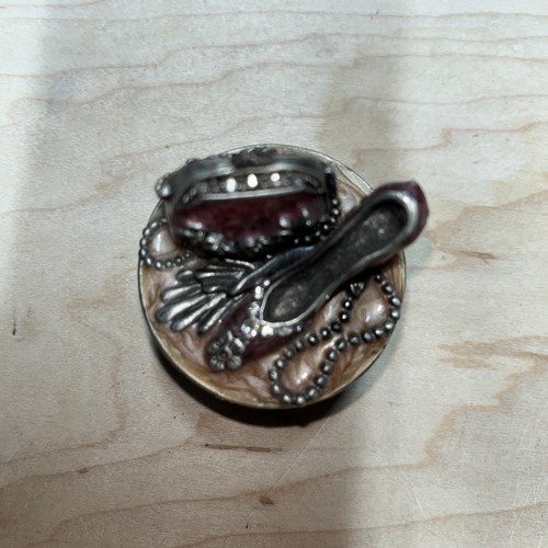High Heel And Purse Enamel Rhinestones Round Lidded Trinket Box - Picture 8 of 10
