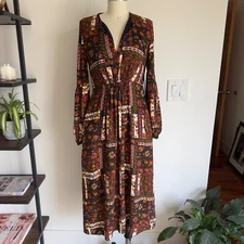 ZARA Trafaluc Boho Patchwork Midi Long Sleeve Dress-Velvet Bow Trim-Size XS-NWOT