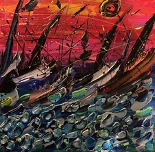 14x14 Thick Paint Impasto Abstract Sunset Ocean Wave Art