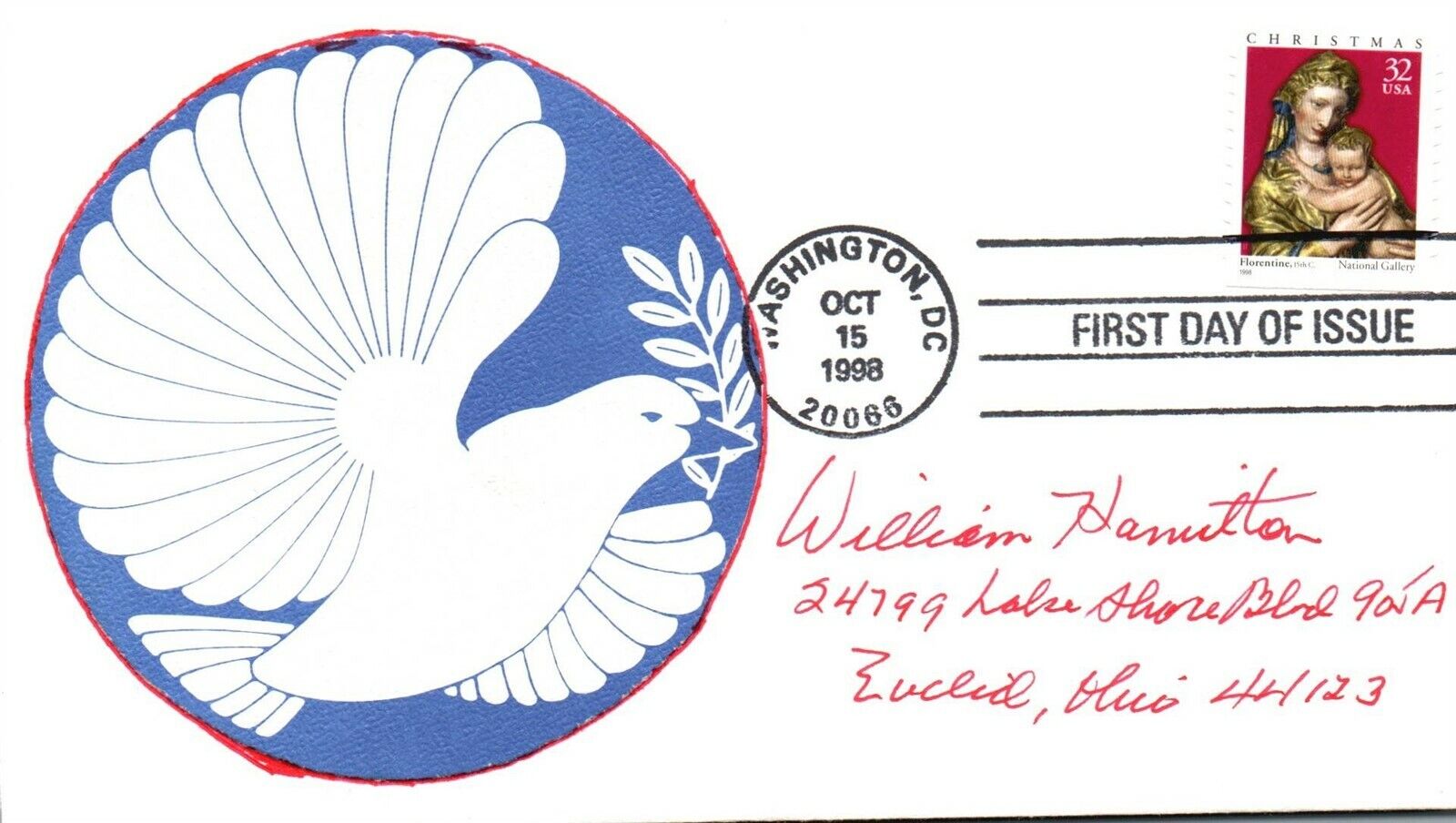 SC# 3244 1998 - Dove Handcrafted Cachet FDC Single Cheap mail order specialty Mesa Mall store F181
