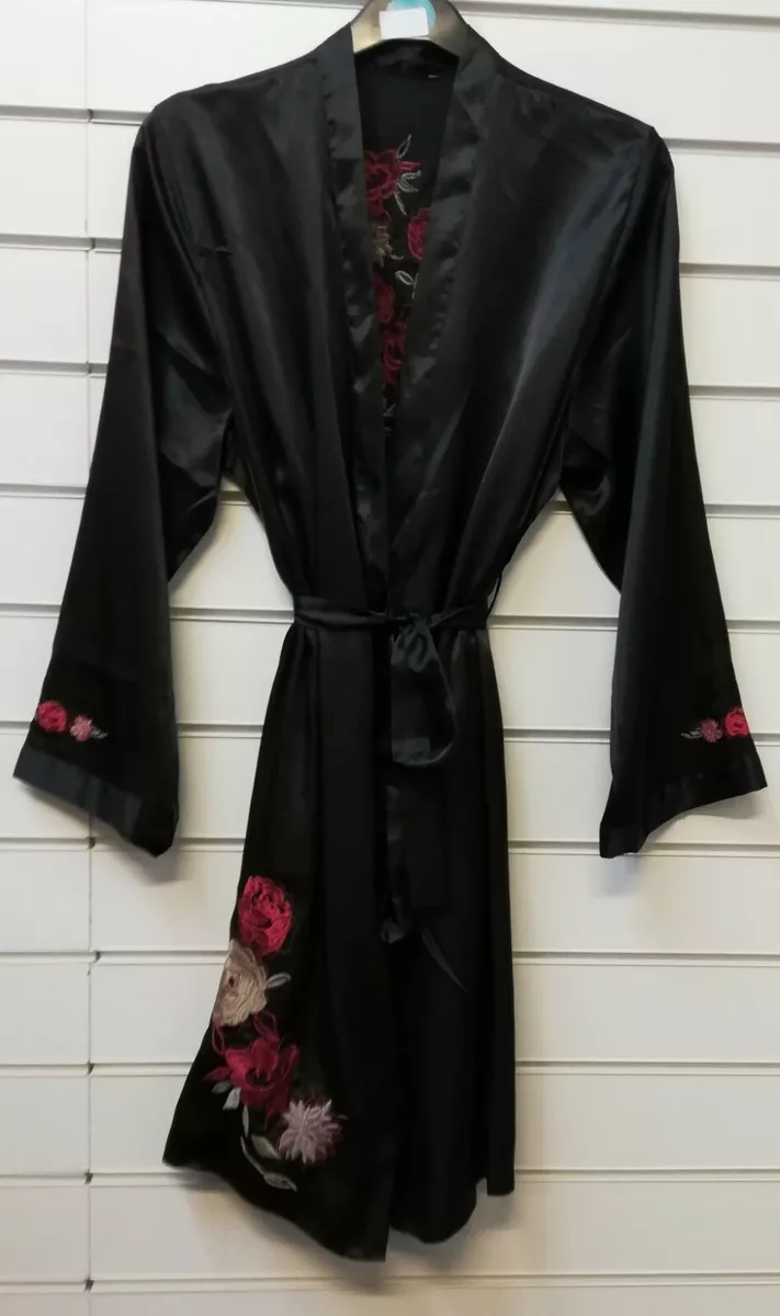 LADIES EX CHAIN STORE BLACK SATIN RED EMBROIDERY DRESSING GOWN