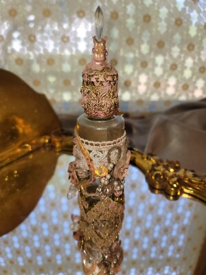 Vintage Refillable Perfume Bottle Antique Crystal Bejeweled Bottle LACE BEADS aa