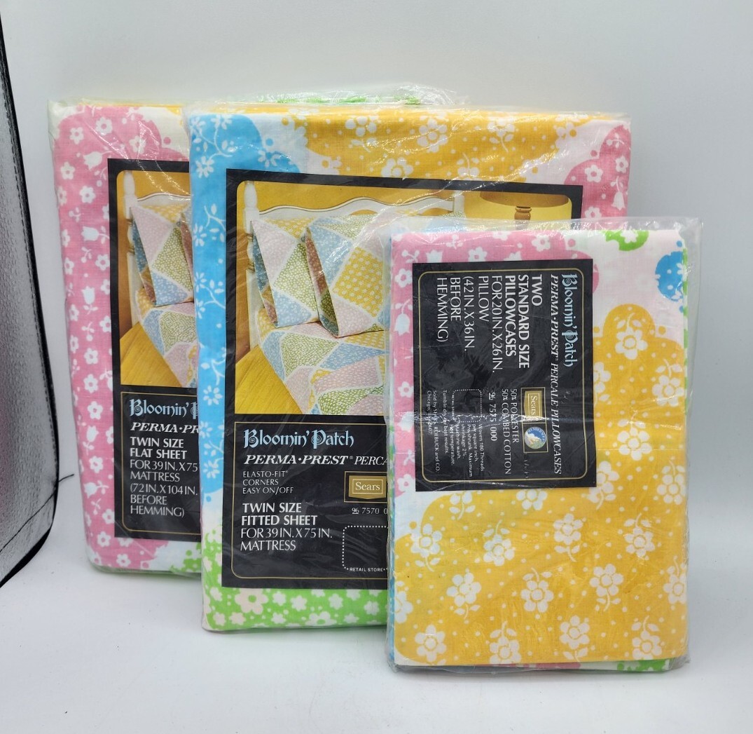 Vtg Sears Bloomin' Patch Twin Bed Sheet Set Flat Fitted Pillowcase Cottagecore eBay