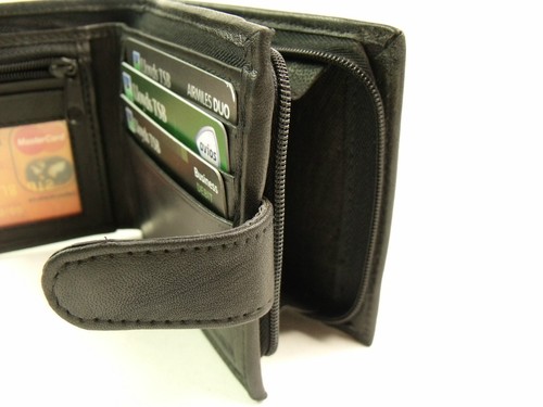 Mens Quality Soft Black RealLeather Wallet Credit Card Holder Zipped Coin Pouch - Picture 9 of 12