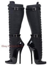 Women Men Pointed Ballet Dance High Heel Lace Up Patent Leather Calf Boots Shoes