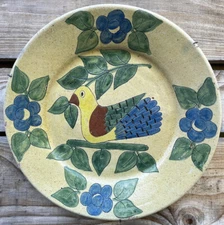 Large dish naive art terracotta ceramic bird design antique