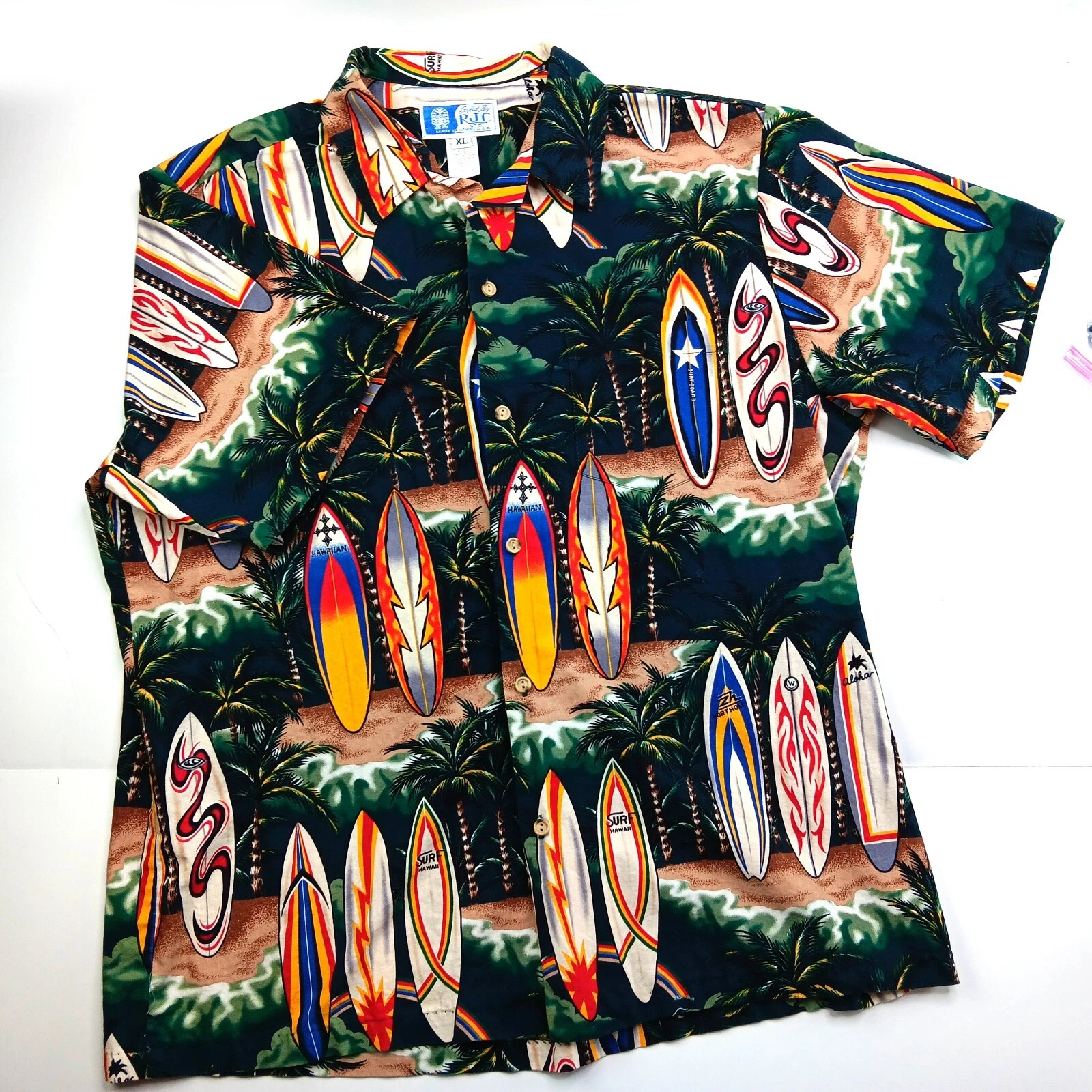 RJC COTTON HAWAIIAN LUAU SHIRT MENS XL SURFBOARD PRINT MADE IN USA