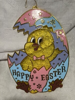 Vintage Plastic Happy Easter Chick Sun Catcher Ornament 