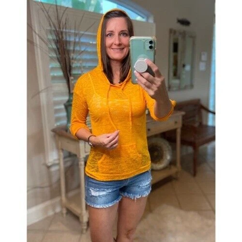 Sheer Hoodie Top Medium Yellow Burnout Drawstring Tissue Long Sleeve Gold Sexy