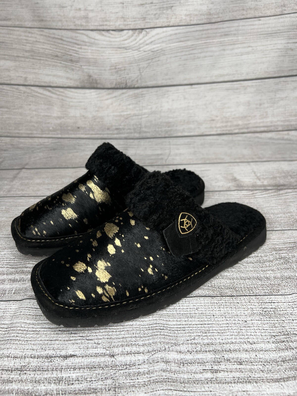 PANTOFOLA D’ORO Ariat Ciabatta Donna Jackie Punta Quadrata Tomaia Acrilica Nero Oro Comoda Taglia 9