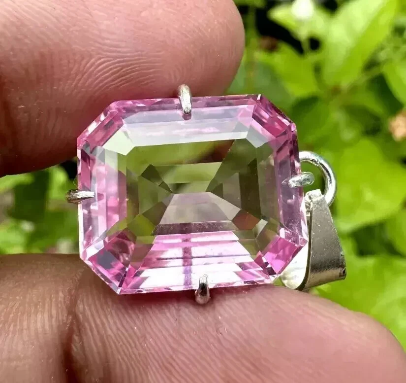 27 CT Naturale Padparadscha Zaffiro 925 Pendente Argento Smeraldo Taglio Gemma - Immagine 2 di 4