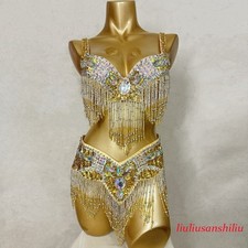 Beaded Samba Belly Dance Costume RAVE EDC Party Carnival Outfit Bra Belt Gold