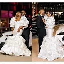 Elegant Satin Flare Mermaid Wedding Dresses Puffy Sleeves V-Neck Bridal Gowns