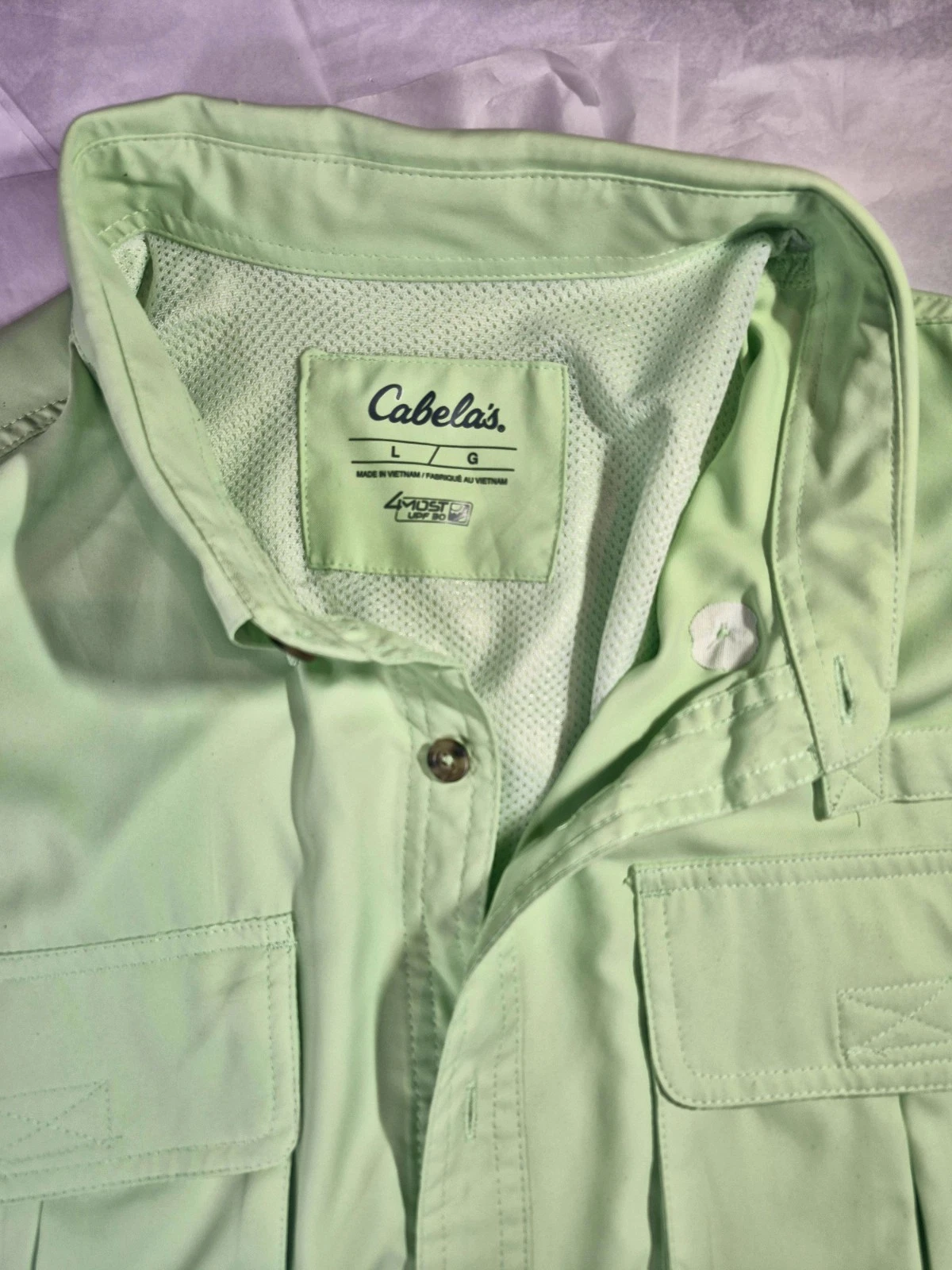 Cabela’s 4Most UPF 30 Fishing Shirt Men L Mint Button Down Long Roll Tab Sleeve