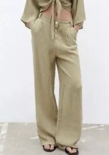 Zara Relaxed Linen Wide Leg Crop Trouser Pleat Front Pant Khaki Tan Size M