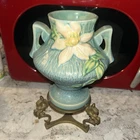Roseville Blue with White Clematis Double Handle Vase 198-6