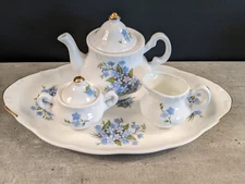 4-Piece Mini Tea Set White & Blue Floral Tea Pot Plate Creamer Sugar BONE CHINA