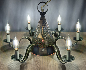 Punched Tin Copper Witches Hat six branch chandelier ceiling fixture, primitve