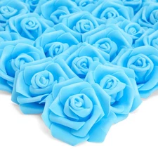 100 Pack Light Blue Artificial Flowers, Bulk Stemless Fake Foam Roses, 3 in