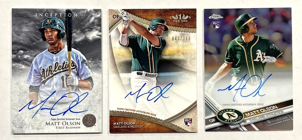 Matt Olson 2017 Topps Cromo Nivel Uno Bowman Inception Auto RC Lote de 3 Braves Foto 3 de 3