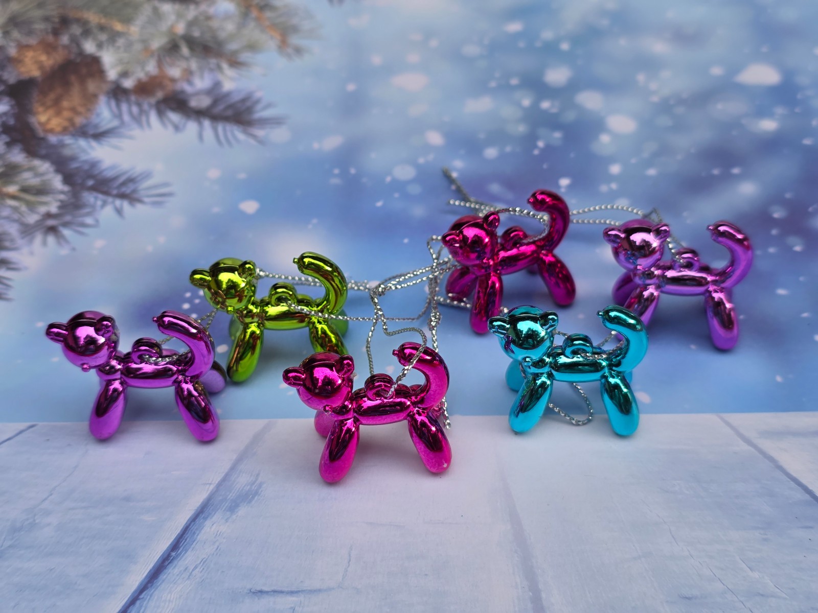 (6) mini 1.5" tall plastic balloon animal cat Christmas ornaments multicolor