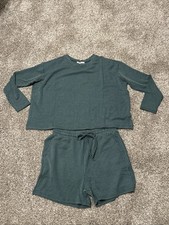 Zenana Round Neck Long Sleeve Ribbed Top and Shorts Set size XL Green Soft