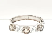 Antique Victorian Sterling Silver Smoky Quartz Snap Bangle Bracelet Hexagon Cut