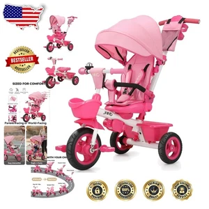 Pink 6-in-1 Toddler Tricycle Stroller | 360° Swivel, Reclining Seat, All-Terrain