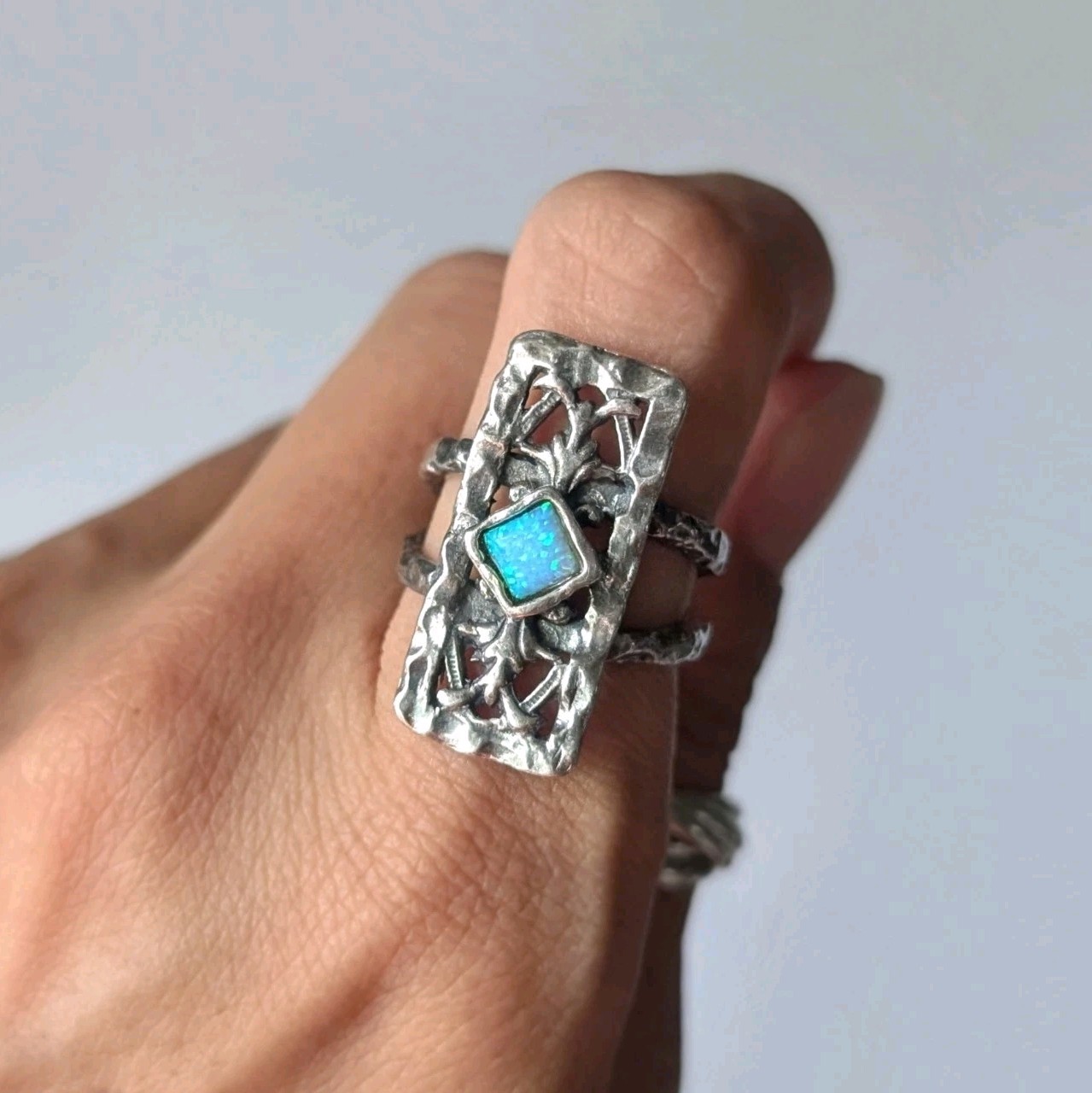 Sterling silver ring Opal stone rectangle Stamped… - image 1