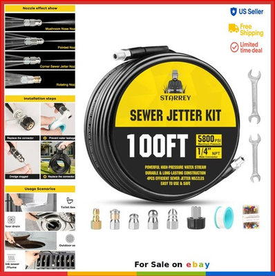 #ad Pressure Washer Drain Jetter 100ft 1 4 Inch NPT Hose Nozzles 5800PSI Sewer Line $83.97