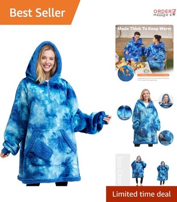 Wearable Blanket Hoodie Adults Sherpa Fleece Dark Blue Tie Dye Cozy Warm
