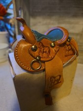 Western Horse Saddle Leather Toy Size 4" Mini Craftsmanship Custom Tooled Teal