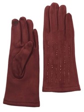 Womens Soft Burgundy Red Rhinestone Stretch Fit Text  Tech Touchscreen Gloves