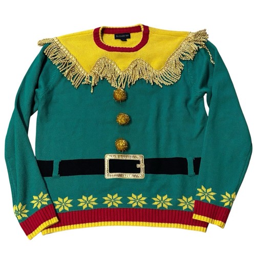 Ugly Christmas Sweater Adult Elf Costume Green Fringe Pom Pom Knit Holiday Large